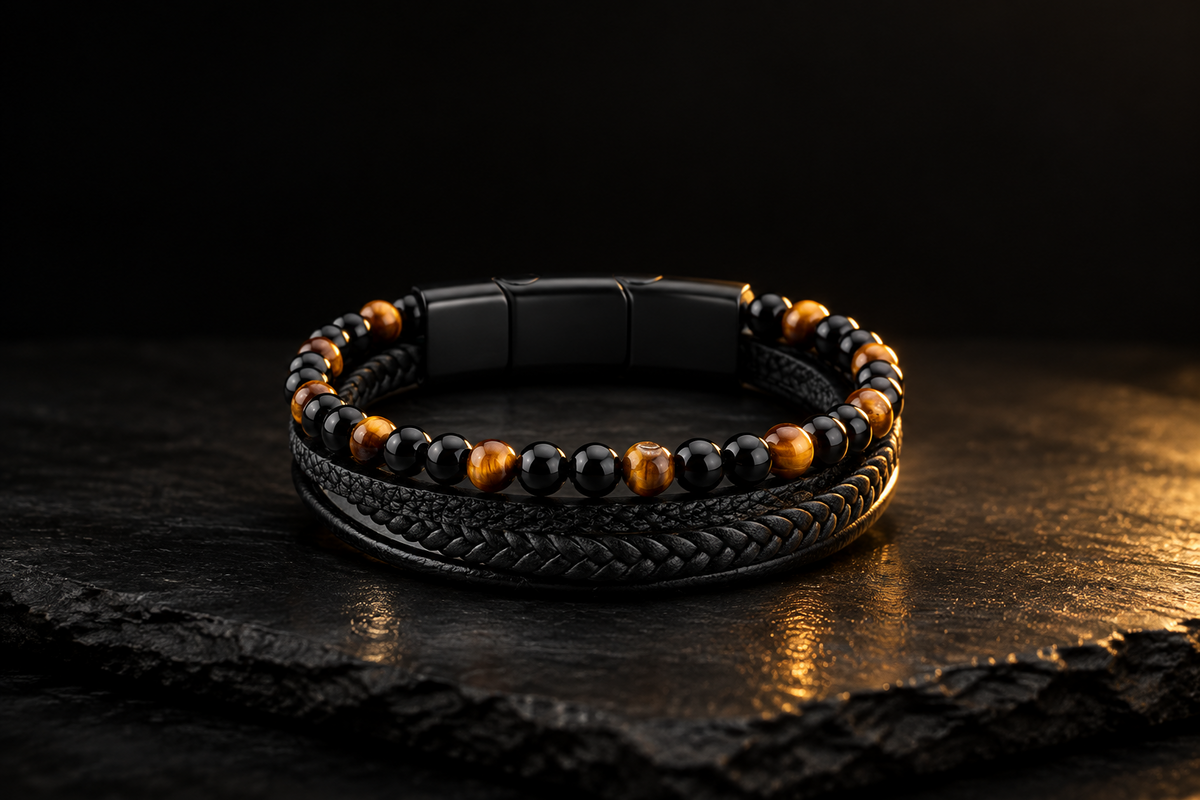 Tiger eye bracelet by LIVLOKO on black slate with gold light