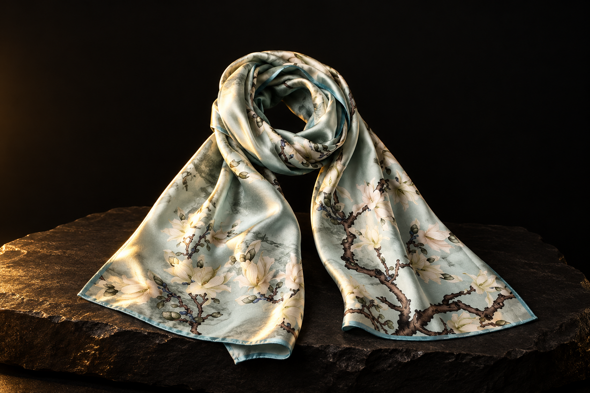 LIVLOKO silk scarf on black slate with warm gold light