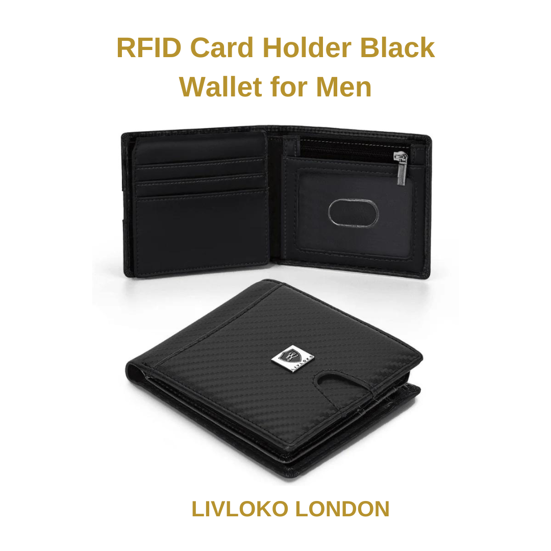 Men's black RFID card holder wallet with carbon fibre style finish