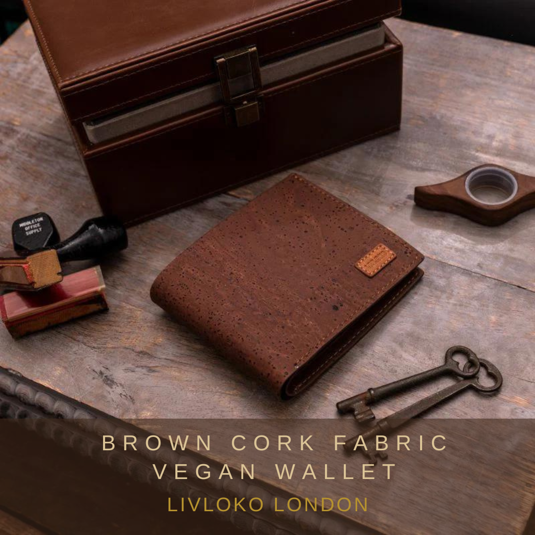 Brown luxury vegan leather wallet for men showing grain and stitching, by Livloko London