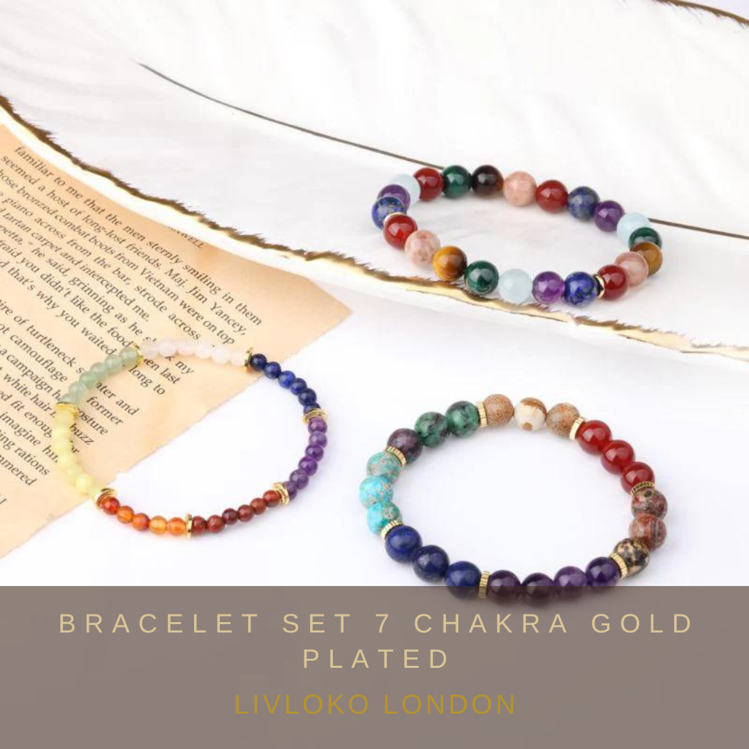 Gold plated 7 chakra bracelet set with stacked multicoloured bead strands