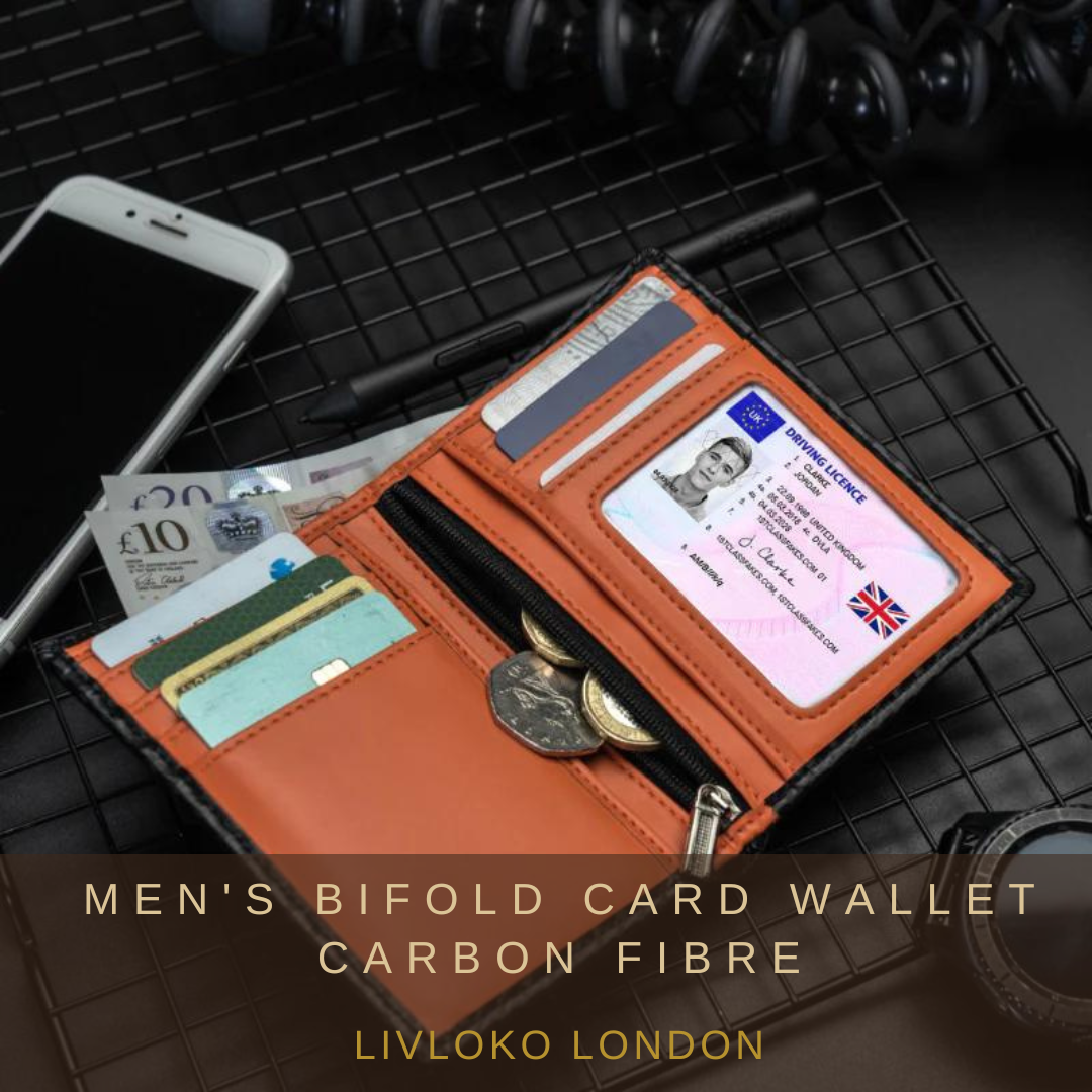 Men's carbon fibre bifold card wallet with orange lining