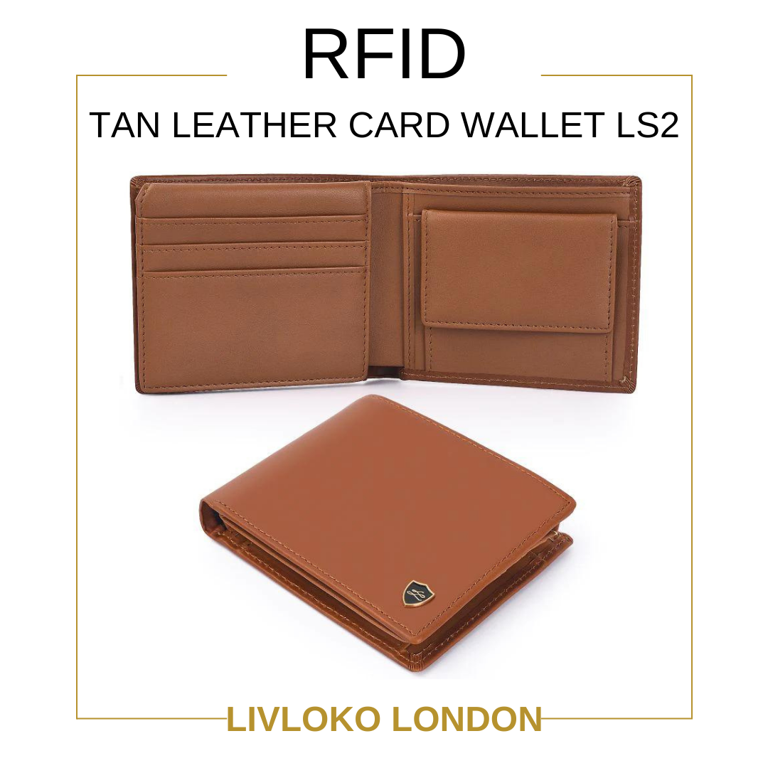 Tan leather RFID card wallet for men with ID window