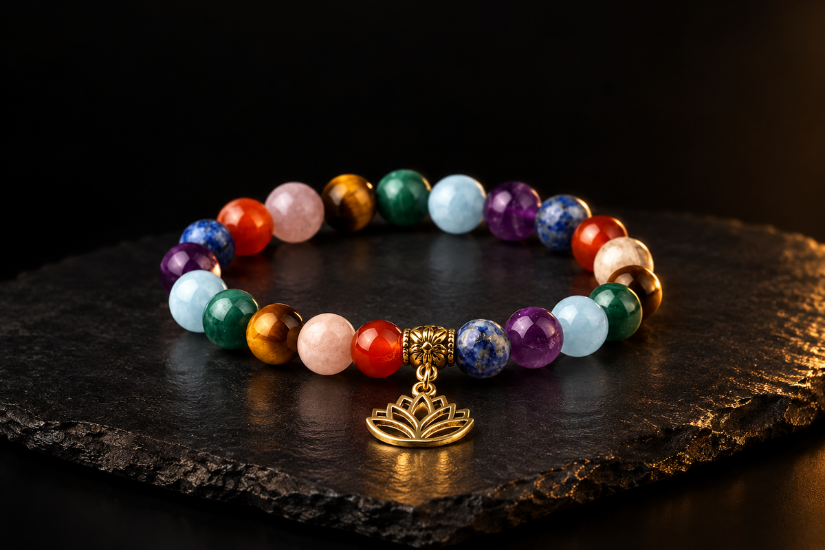 Chakra bracelet colours: seven coloured beads with lotus charm by Livloko London