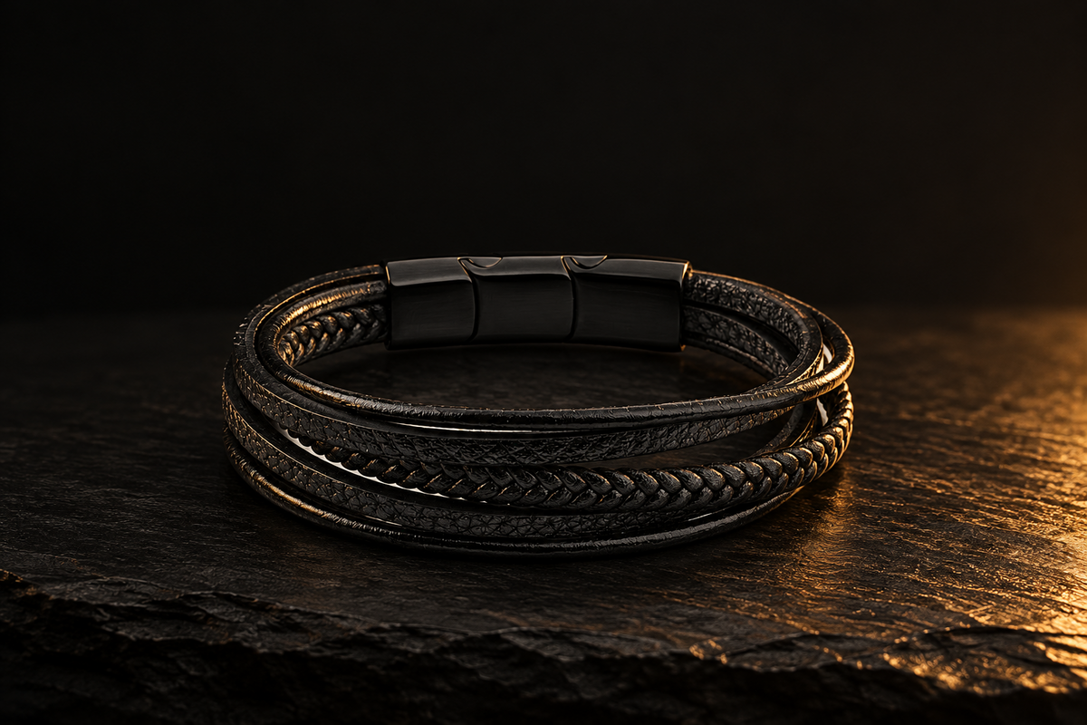 Men's black braided leather bracelet by LIVLOKO on black slate