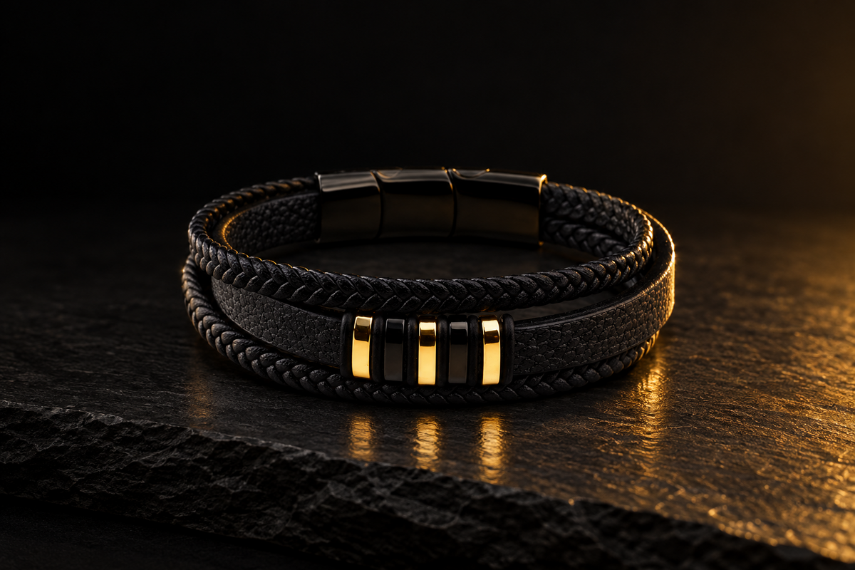 Men's black and gold leather bracelet by LIVLOKO, a gift for him