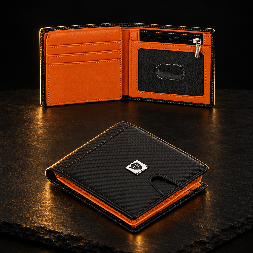 Carbon fibre wallet with orange interior by LIVLOKO on black slate