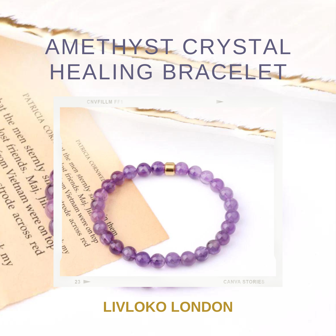 Purple amethyst bracelet with gold plated details, amethyst bracelet meaning, by Livloko London