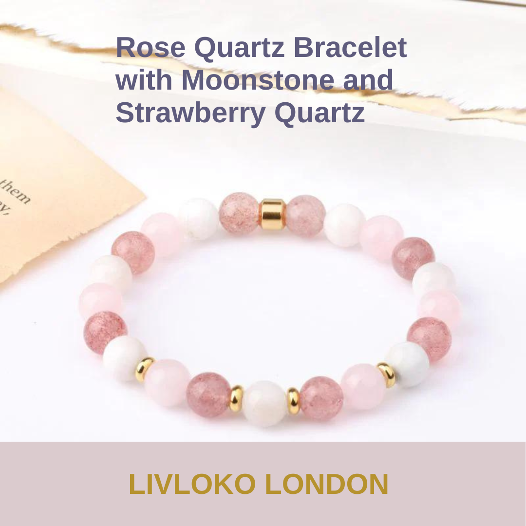 Strawberry quartz, rose quartz and moonstone bracelet, strawberry quartz meaning, by Livloko London