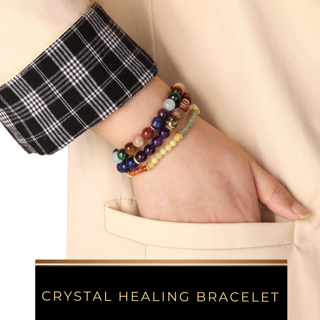 Woman wearing a beaded crystal bracelet on her wrist