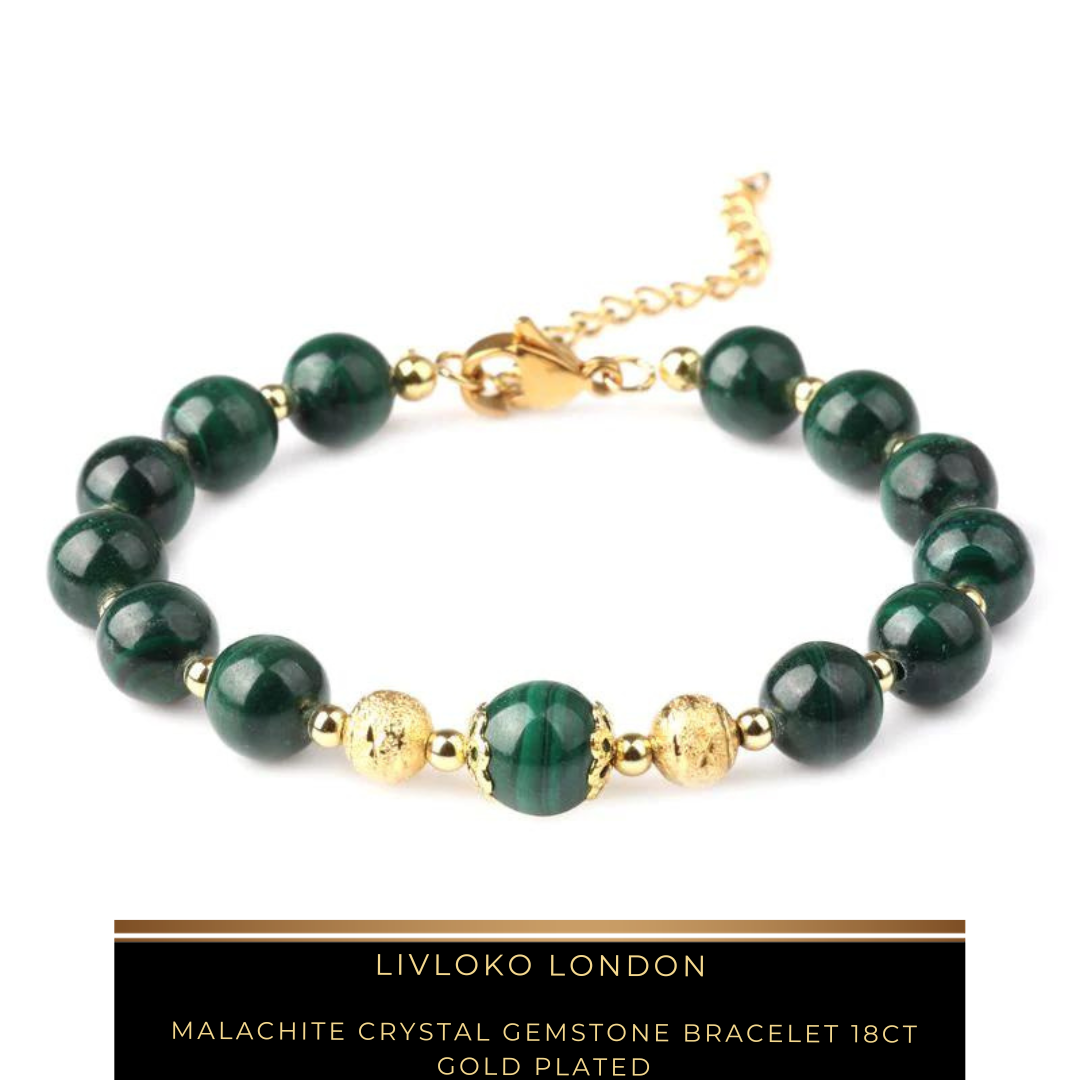 Malachite Crystal Gemstone Bracelet 18ct Gold Plated - Livloko London