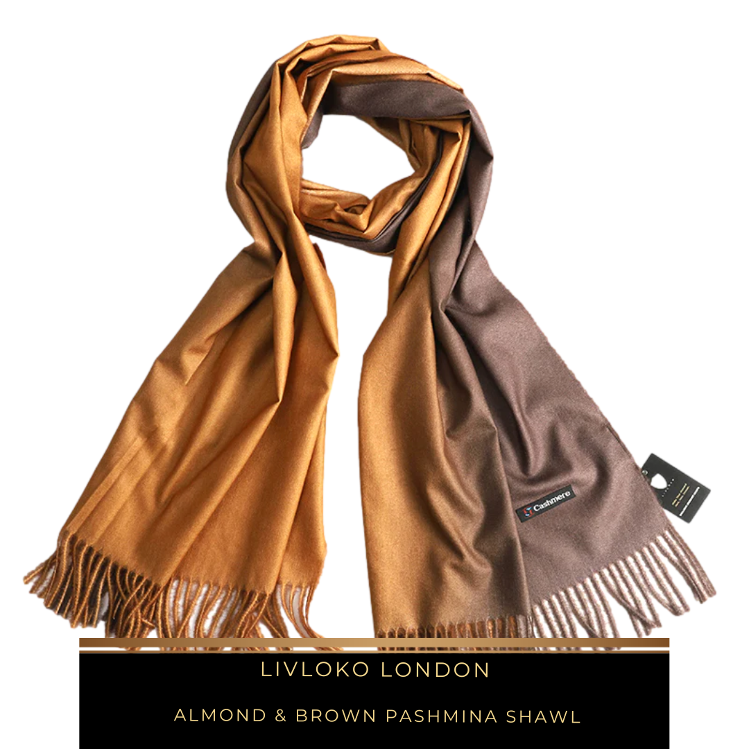 Almond and brown pashmina shawl draped over a chair