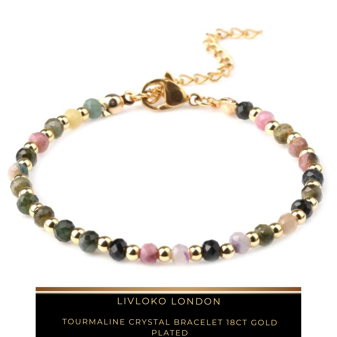 Tourmaline crystal bracelet in mixed colours on a white background