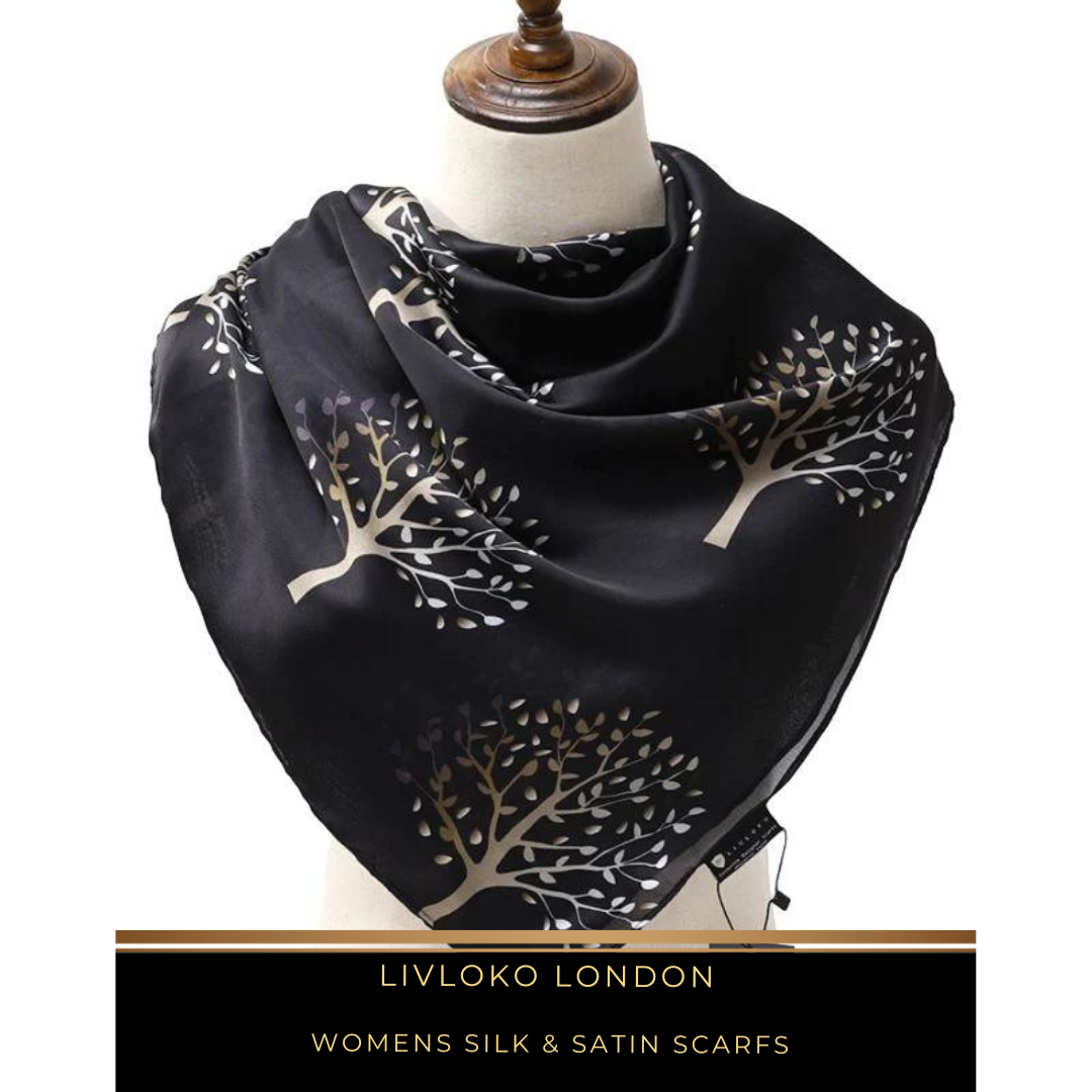 Black and white silk scarf styled as a neck scarf