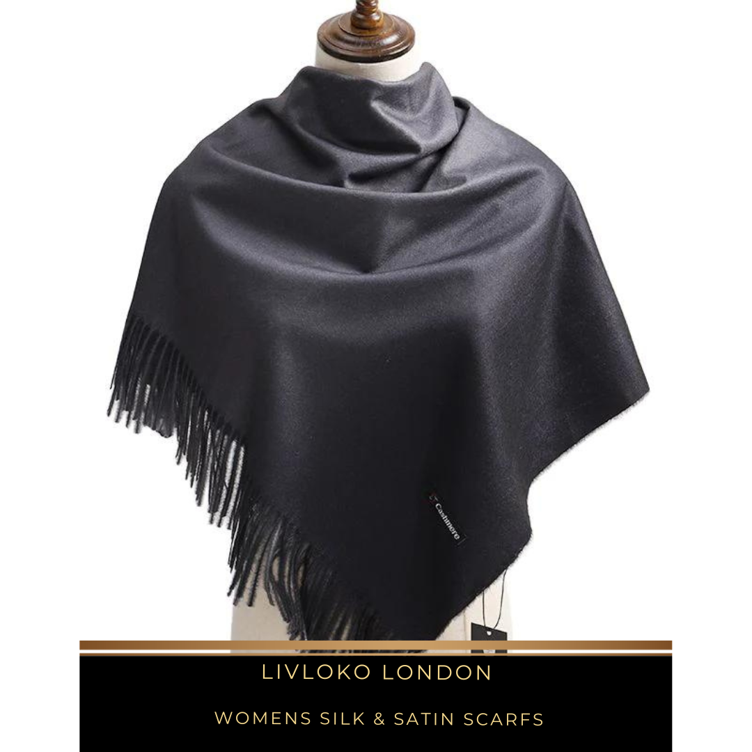 Charcoal and flint black pashmina shawl folded with fringed ends