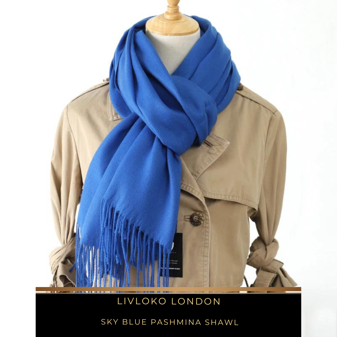 Sky blue pashmina shawl with soft draping and fringed ends