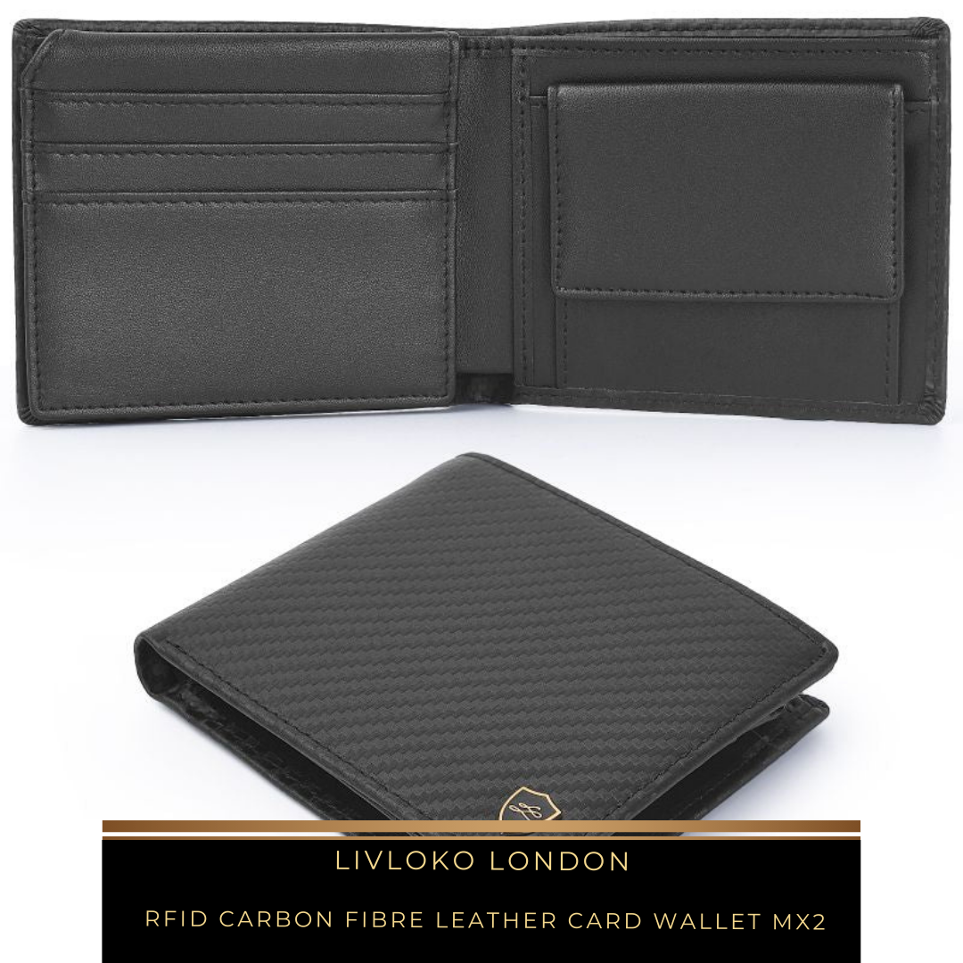 Carbon fibre style RFID blocking wallet for men on a plain background