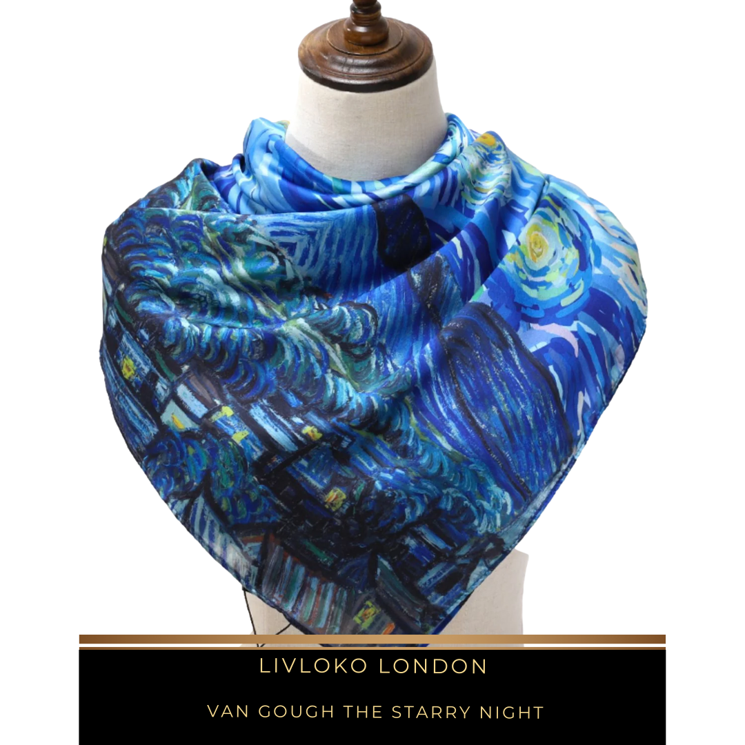 Starry Night art print satin scarf in swirling blues