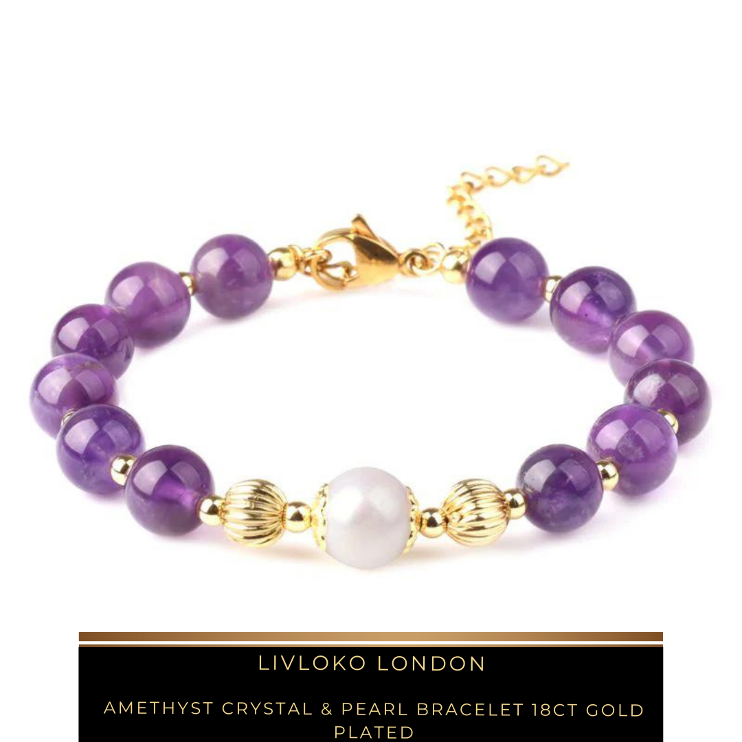 Amethyst Crystal & Pearl Bracelet 18ct Gold Plated - Livloko London
