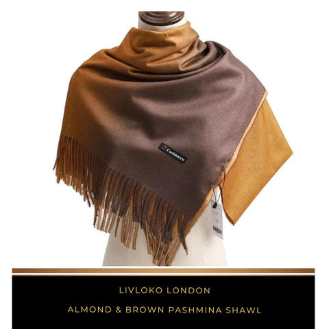 Almond and brown pashmina shawl draped in soft neutral tones
