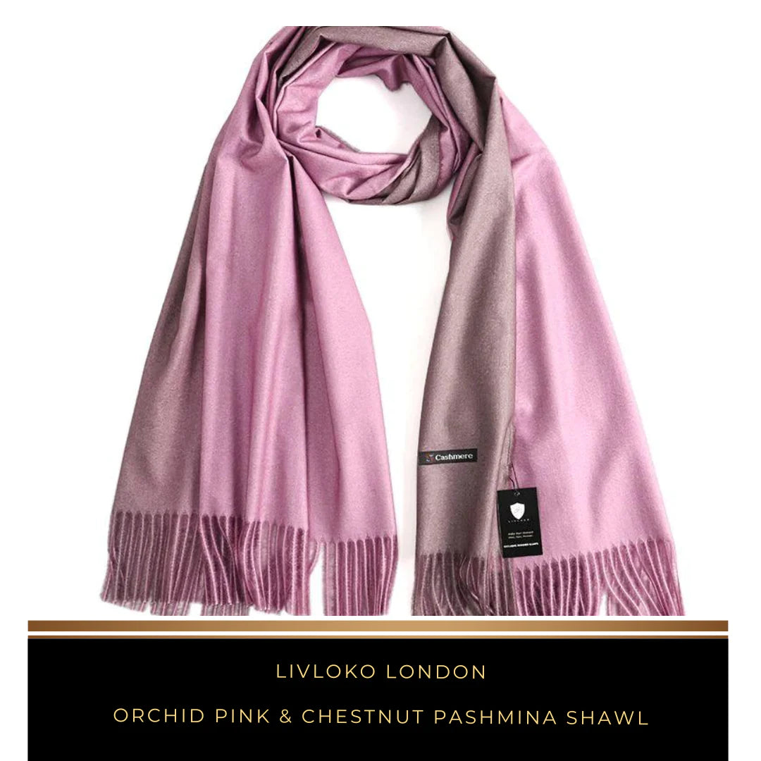 Orchid pink and chestnut two-tone pashmina shawl laid out flat