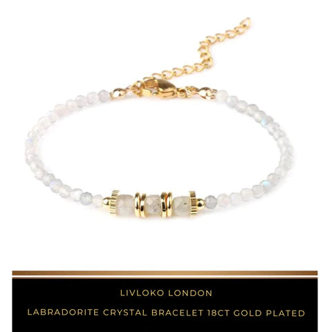 Labradorite crystal bracelet showing its blue flash, 18ct gold plated