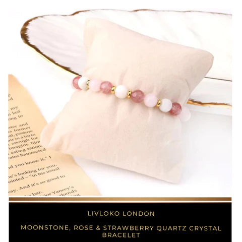 Moonstone, rose quartz and strawberry quartz crystal bracelet in soft pink tones