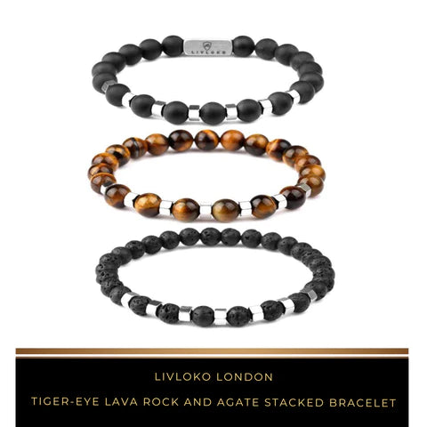 Tiger-eye Lava Rock and Agate Stacked Bracelet - Livloko London
