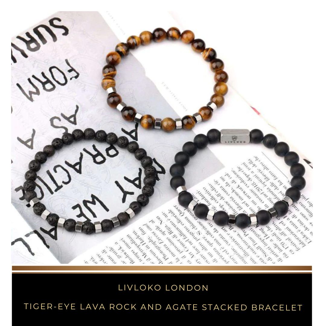 Tiger-eye Lava Rock and Agate Stacked Bracelet - Livloko London