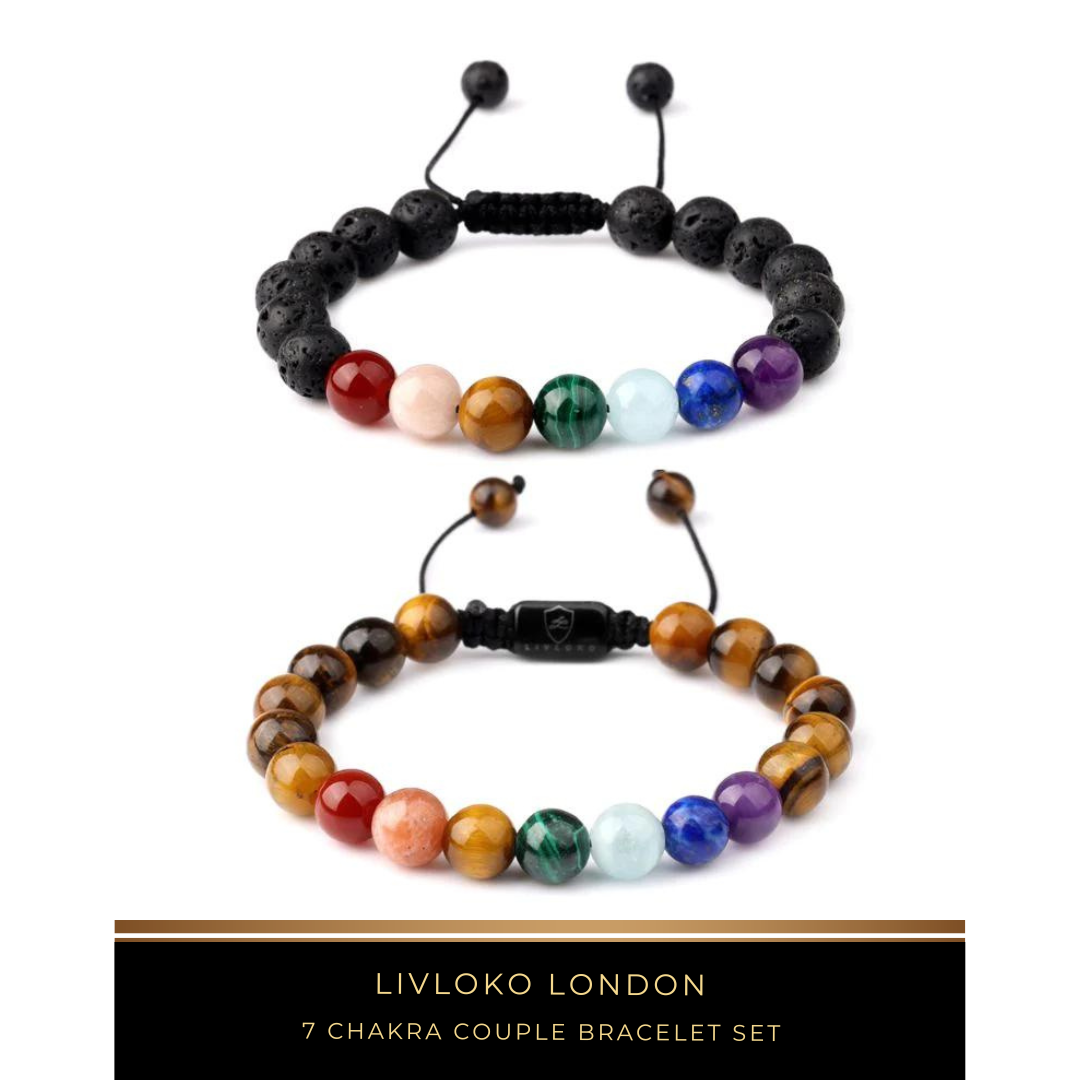 Matching 7 chakra couple bracelet set with multicoloured gemstone beads