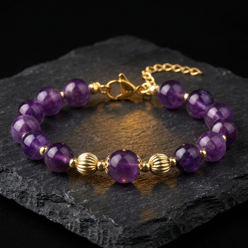 Amethyst bracelet meaning: women's amethyst crystal bracelet with gold plated clasp by Livloko London