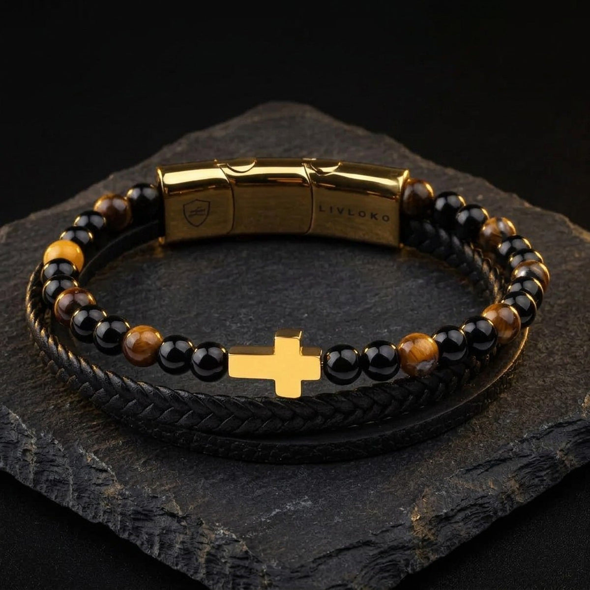 Men's tiger eye bracelet with black leather and gold cross by Livloko London