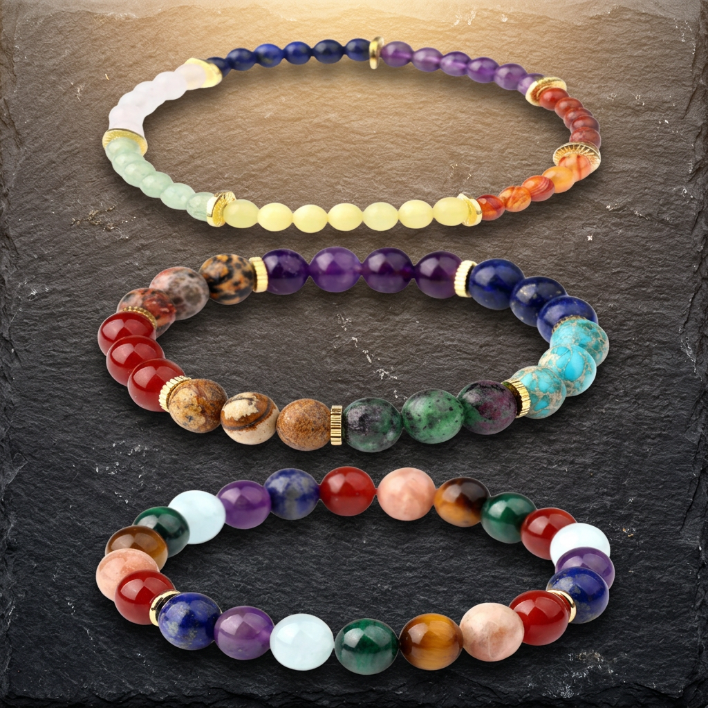 Seven chakra bracelet set for women, gold plated stacked bead strands by Livloko London