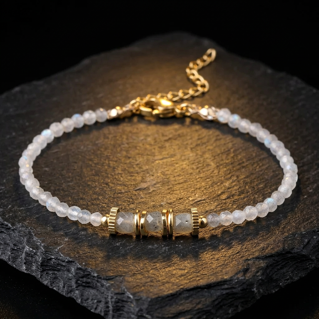 Labradorite crystal bracelet with 18k gold plated details by Livloko London