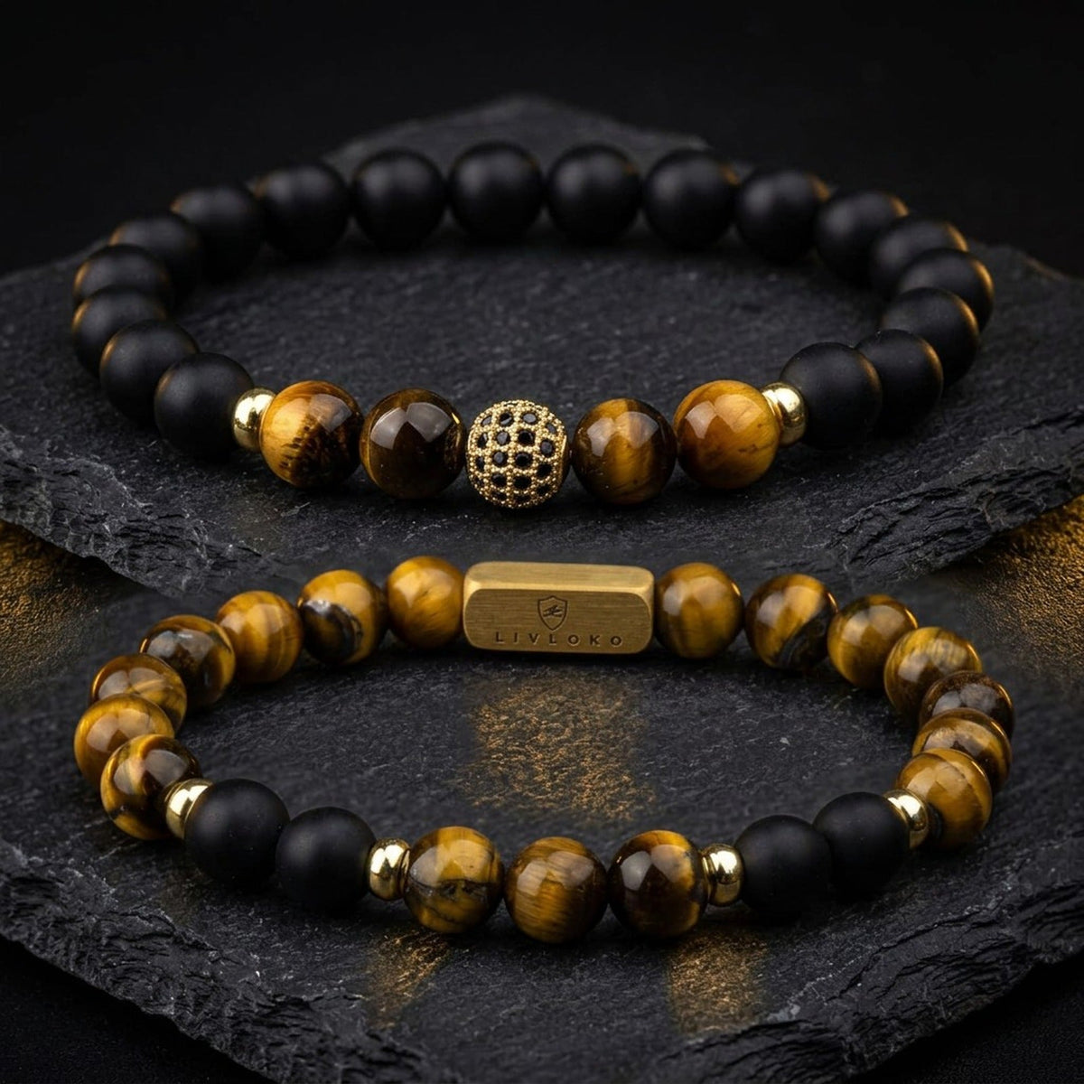 Tiger eye and black agate bracelet set to wear every day by Livloko London