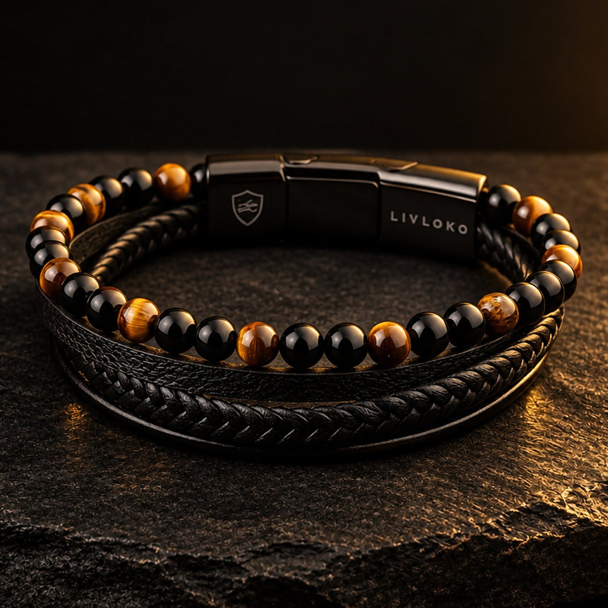 Tiger eye beads on a men's tiger eye and black agate leather bracelet by Livloko London