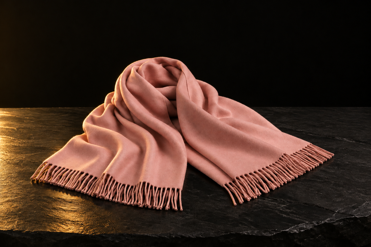 Dusty pink pashmina shawl by LIVLOKO on black slate
