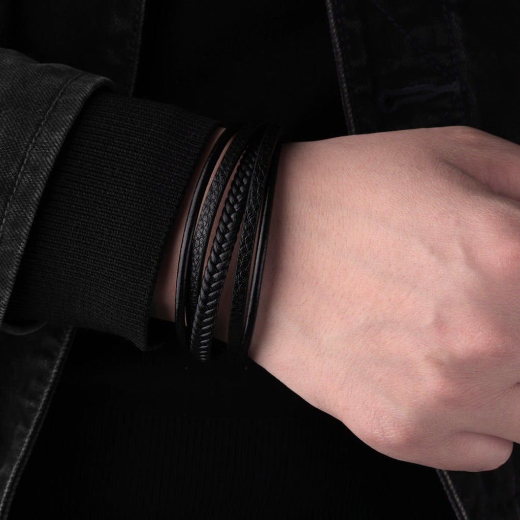 close up braided leather bracelet detail black