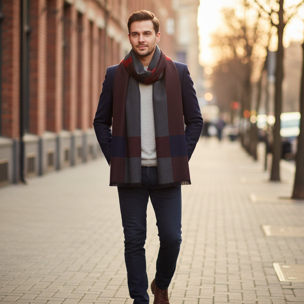 Men's Checked Wool Scarf Grey Brown Blue Red