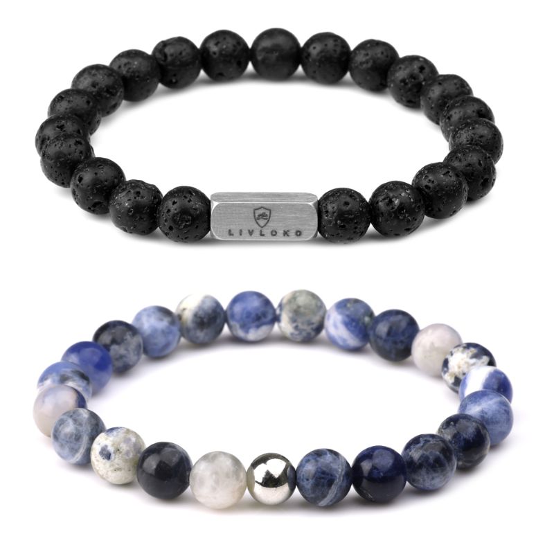 men's lava stone and sodalite beaded bracelet stack Livloko London