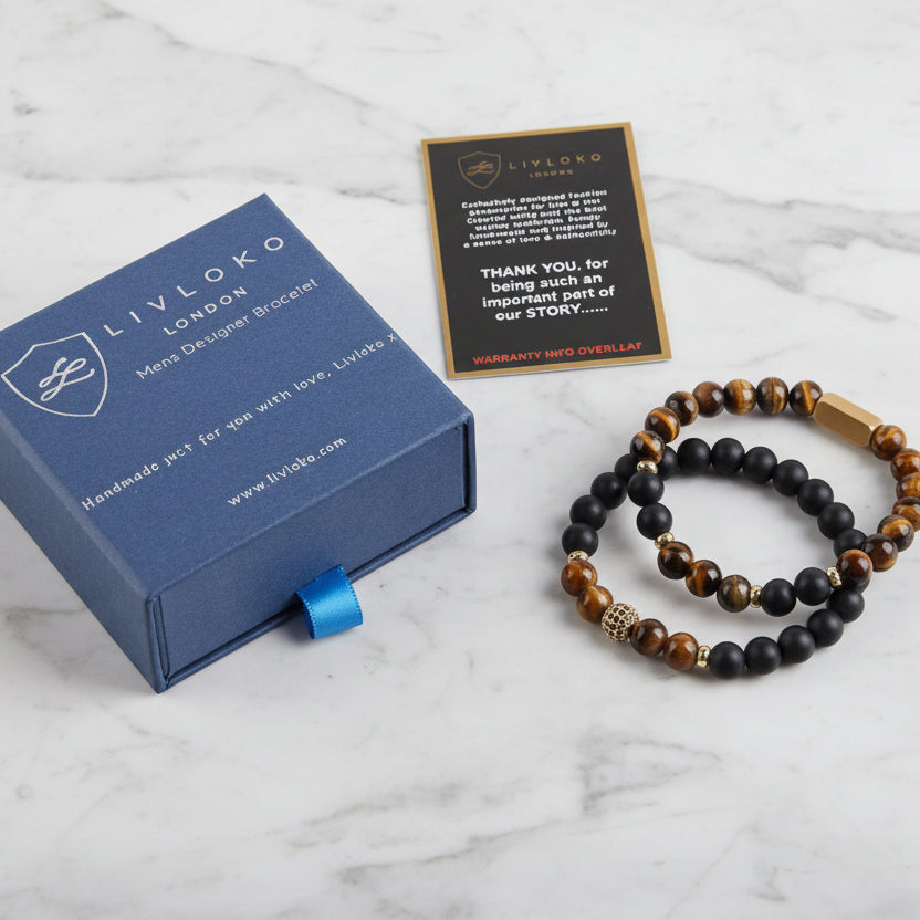 Men’s Tiger Eye & Black Agate Beaded Bracelet Set, 18ct Gold Plated – LIVLOKO LONDON