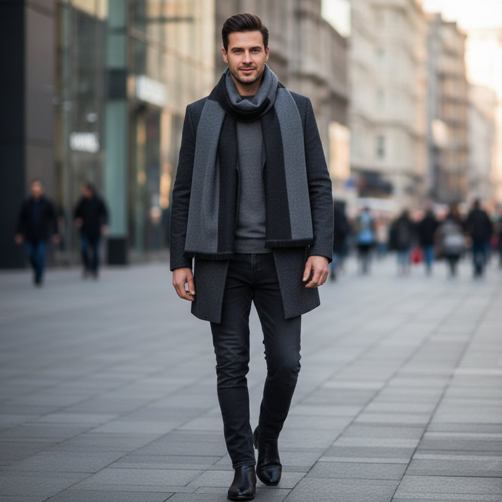 Men's Checked Wool Scarf Black Grey