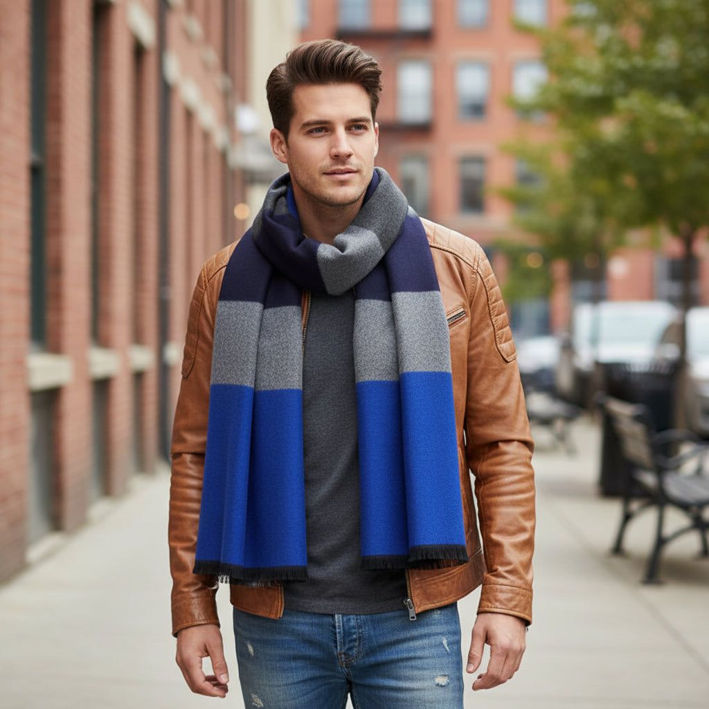 Men's Striped Wool Scarf Blue Black Grey