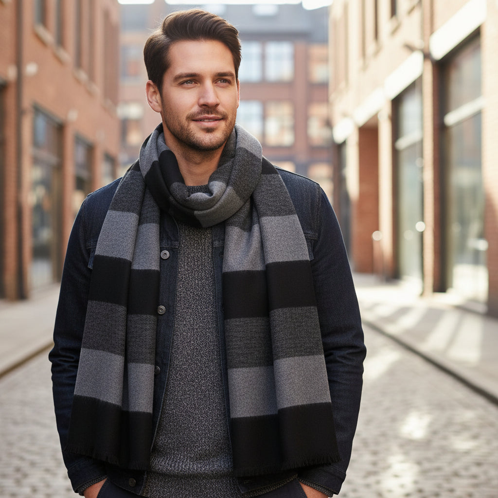 Men's Striped Wool Scarf Black Grey