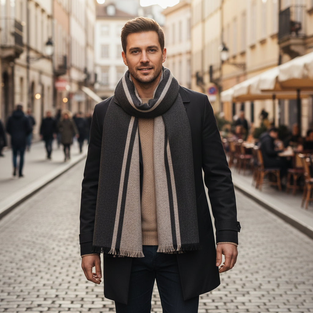 Men's Striped Wool Scarf Grey Beige