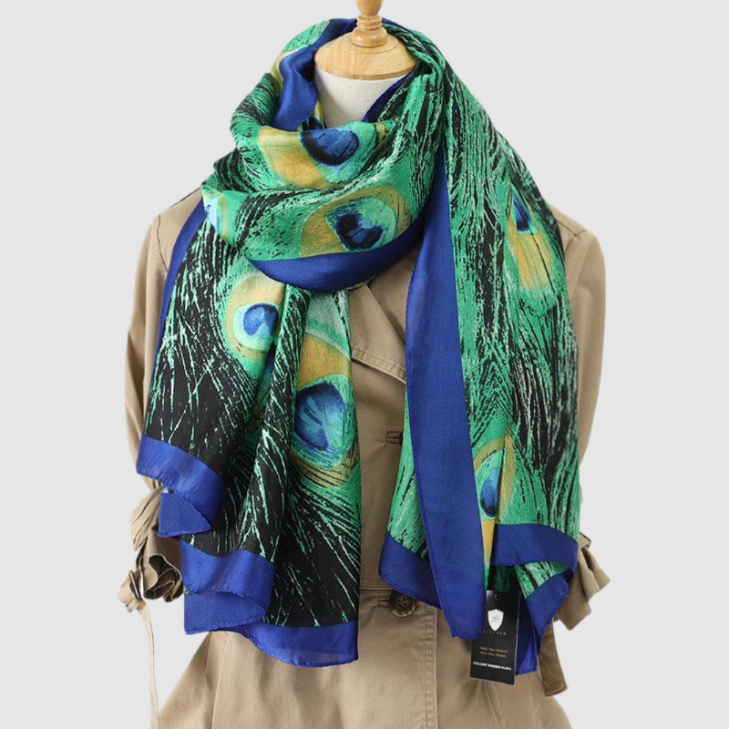 Vibrant Peacock Feather Satin Scarf ladies scarves