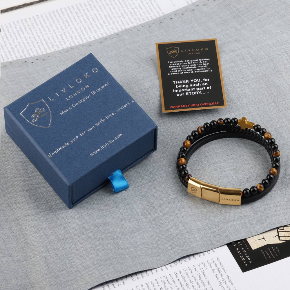 Black Leather Bracelet with Gold Cross and Tiger Eye Beads Black Leather Bracelet with Gold Cross and Tiger Eye Beads