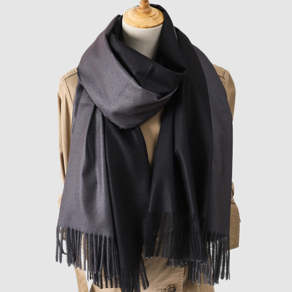Black and Grey Pashmina Shawl, draped on a dress form