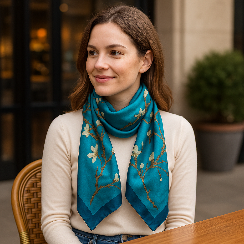 Almond Blossom Light Blue Satin Scarf