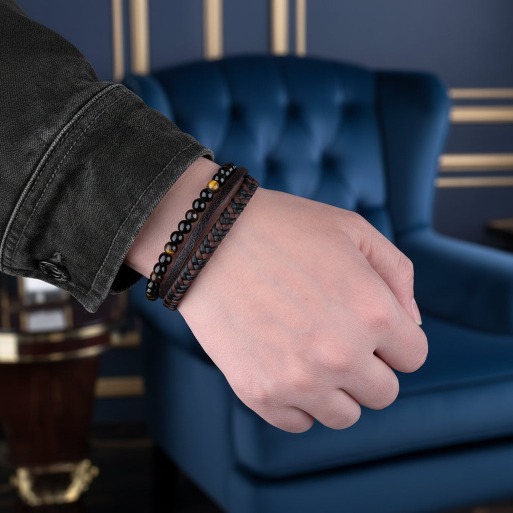 Men’s Tiger Eye & Agate Bracelet with Braided Leather, Magnetic Clasp – LIVLOKO LONDON